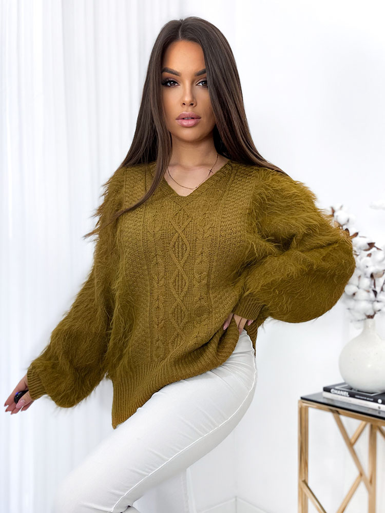 Royalfashion Пухкав дамски пуловер в цвят горчица