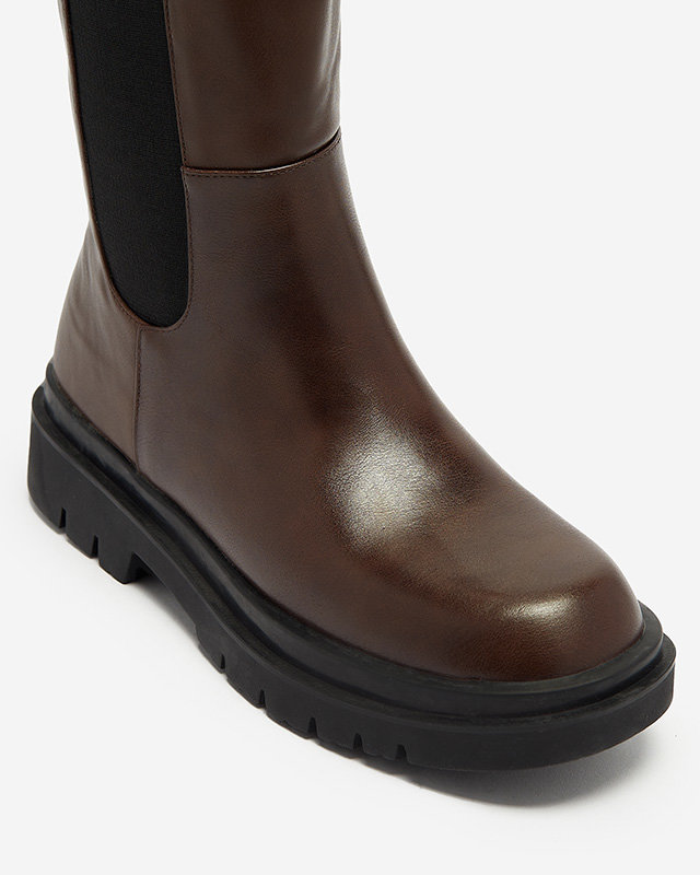 Дамски ботуши до коляното от екокожа в кафяв цвят Orikas - Обувки