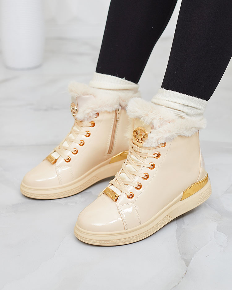 Royalfashion Бежови лакирани дамски изолирани ботуши Sylnina