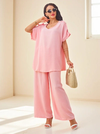 Royalfashion Дамски памучен комплект с къси ръкави и широки панталони