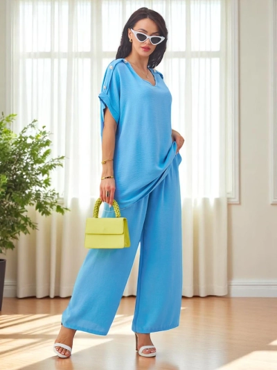 Royalfashion Женски памучен комплект с къси ръкави и широки панталони