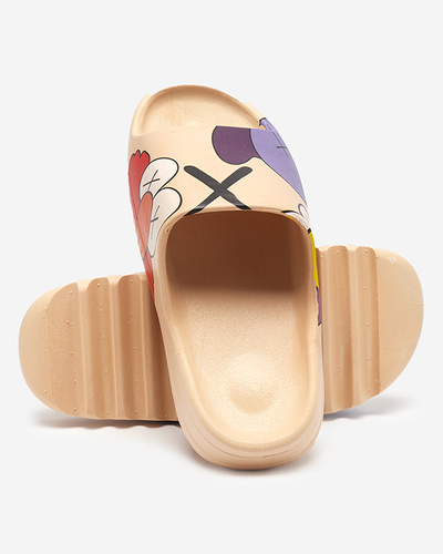 Beżowe gumowe klapki damskie z printem Pfizz- Obuwie