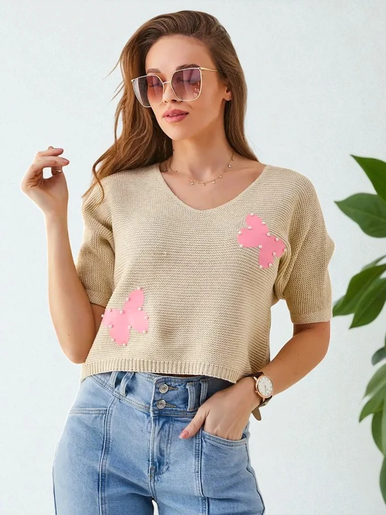 Royalfashion Дамски памучен къс пуловер с пеперуди