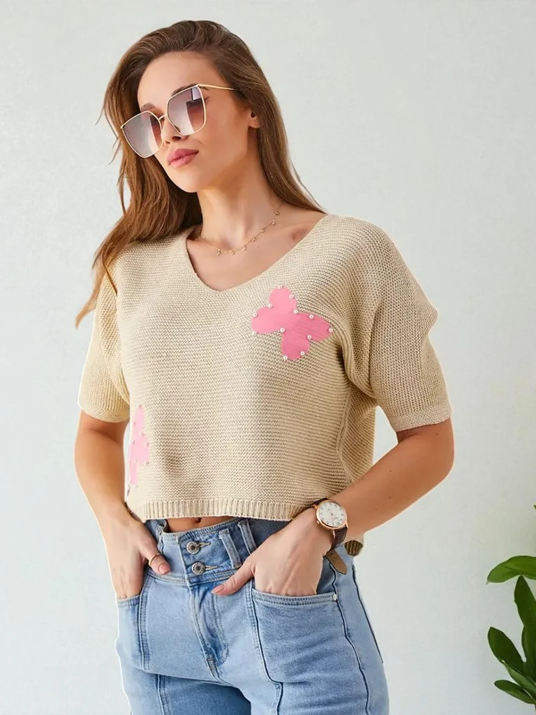 Royalfashion Дамски памучен къс пуловер с пеперуди