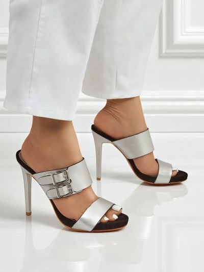 Сандали Aletheia сребърни на ток 12см екологична кожа с каишки