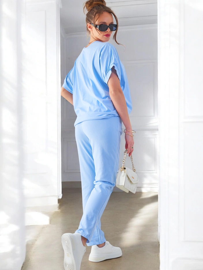 Royalfashion Дамски памучен комплект с къс ръкав и прави панталони