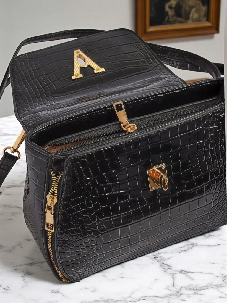 Черна дамска чанта Vespera Classico еко кожа велур и патентна