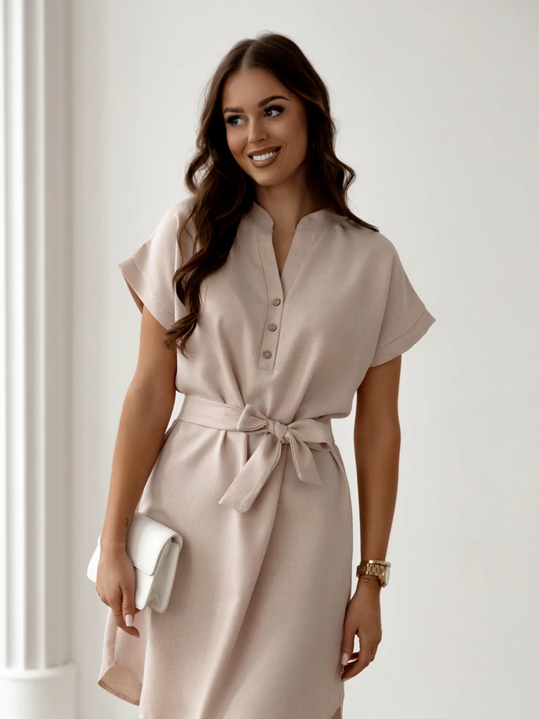 Royalfashion Дамска мини рокля с къси ръкави и деколте с копчета