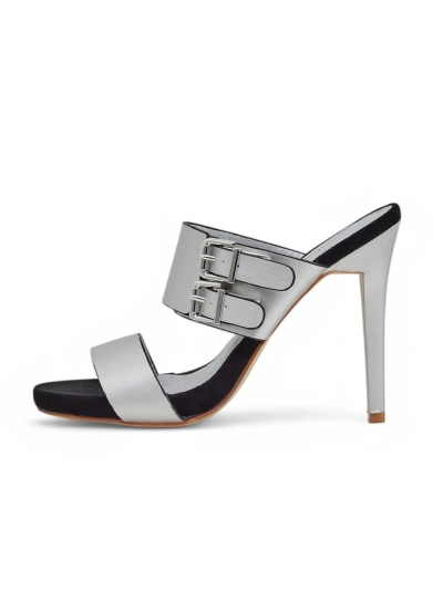 Сандали Aletheia сребърни на ток 12см екологична кожа с каишки