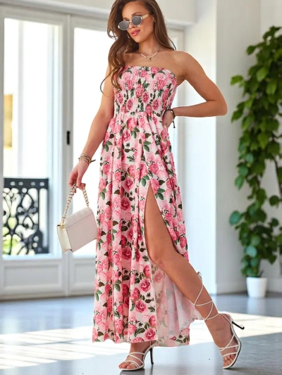 Рокля миди без ръкави с широка еластична лента и цепки в долната част