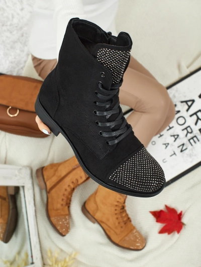 Дамски еко велурени боти с връзки и цирконии Marvelli