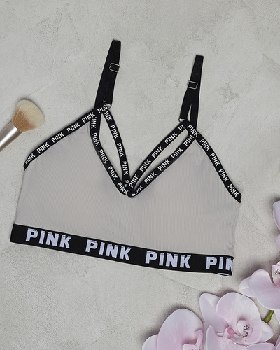 Szary sportowy stanik damski z napisami - Bielizna