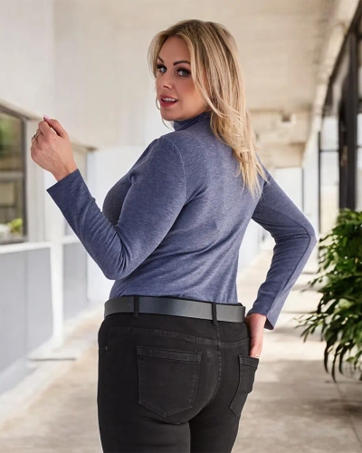 Дамски пуловер с половин вратовръзка в синьо- Облекло