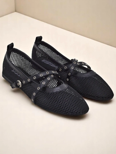 Балеринки Royalfashion Arethusa Nero от мрежа на плосък ток