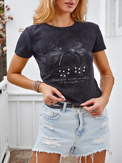 Royalfashion Дамска памучна тениска с камъни и панделка