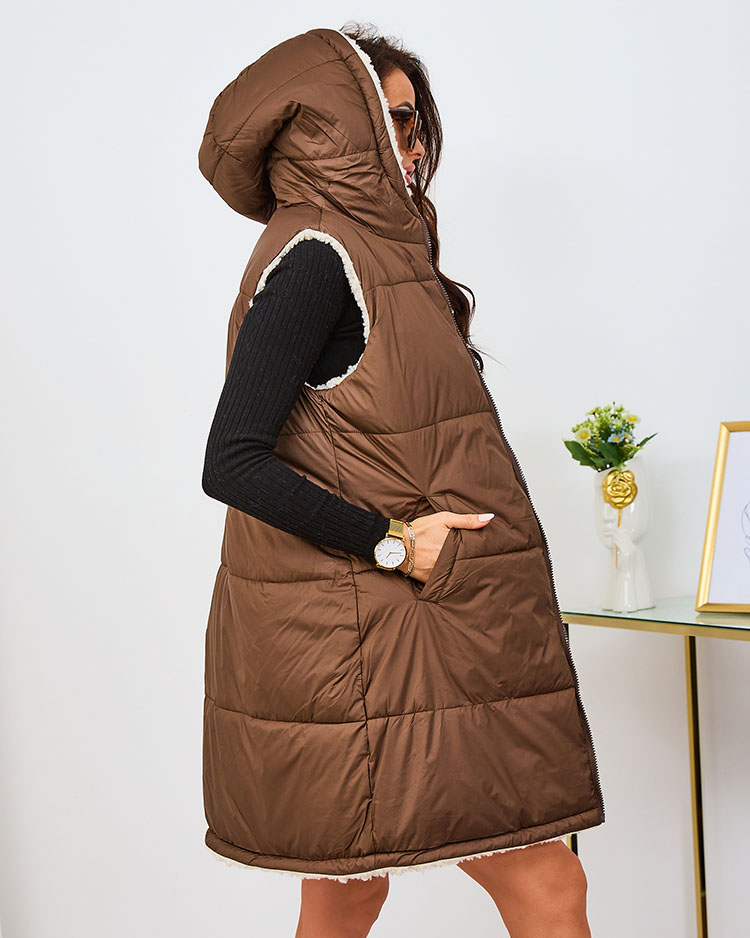 Royalfashion Кафяво-кремава дълга двустранна дамска жилетка