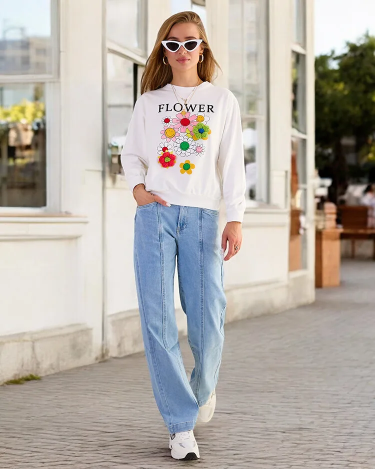 Royalfashion Дамски памучен суитшърт с тънък принт