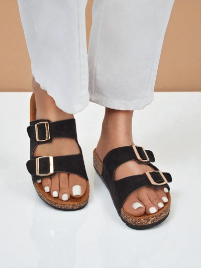 Дамски чехли Letitia черни, велурени, плосък ток, италиански дизайн