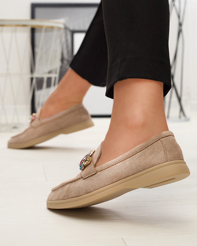 Дамски мокасини от еко велур в светлокафяво с декоративни кристали Nellens- Footwear