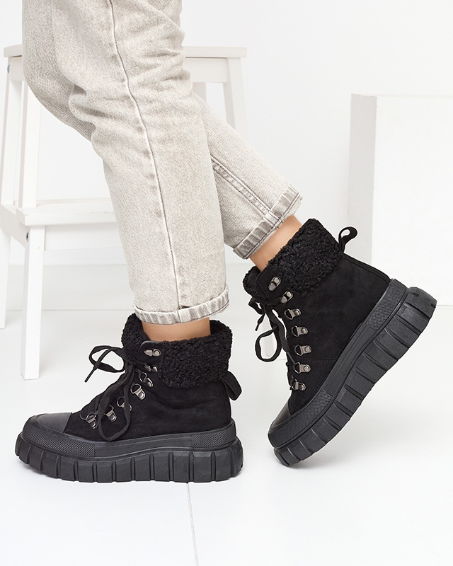 Дамски черни ботуши от екокожа с овча кожа Vetic - Обувки