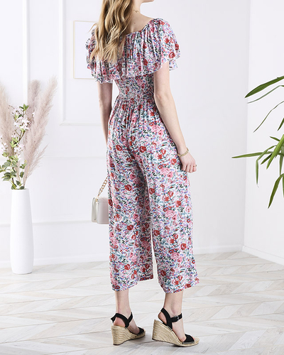 Дълъг дамски гащеризон с флорални мотиви в бяло и розово - Облекло