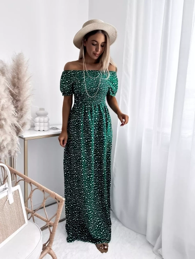 Зелена дамска макси рокля в грах- Облекло
