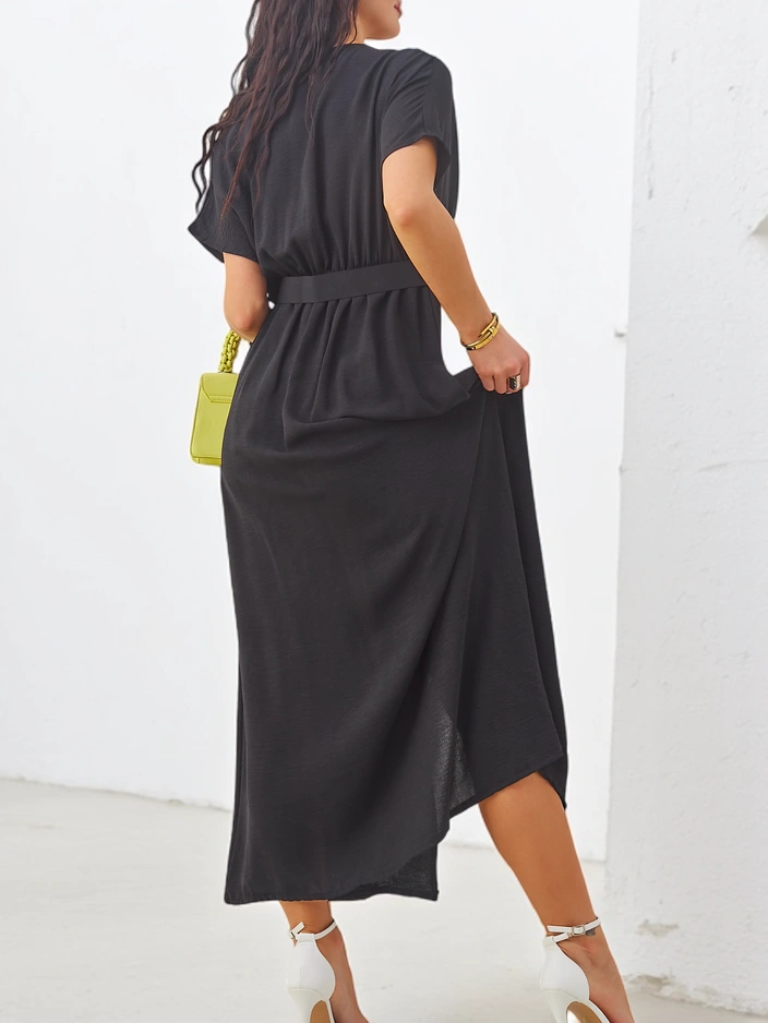 Рокля миди за жени Royalfashion с къси ръкави, V-образно деколте и разрез в средата