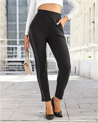 Royalfashion Дамски памучни панталони с циркони PLUS SIZE