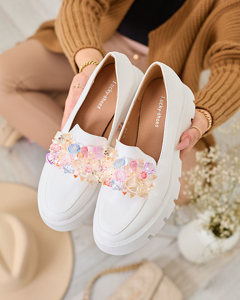 Royalfashion Бели дамски мокасини с цветни кристали Crystal Glam