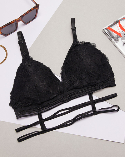 Czarny biustonosz damski z koronką i paseczkami - Bielizna