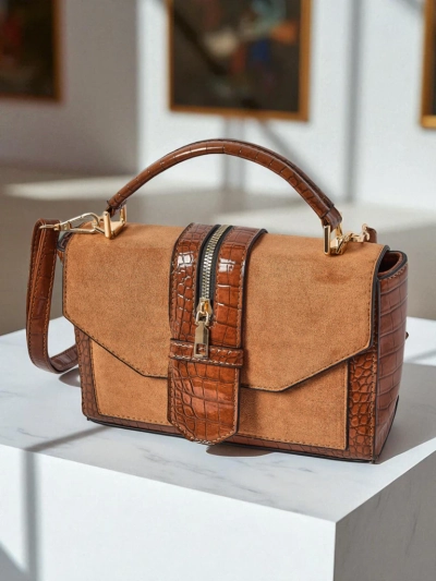 Дамска чанта Callista от еко велур и лачена кожа, кафява