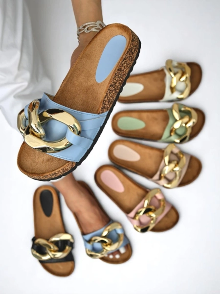 Дамски сандали Callista Royalfashion с верижка – екрю/сини, равен ток