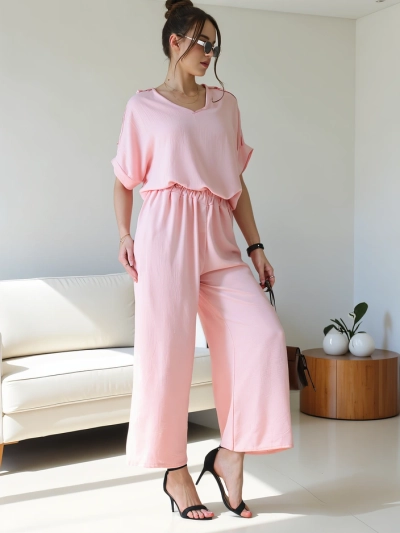 Royalfashion Дамски ежедневен комплект с блуза с къс ръкав и широки панталони