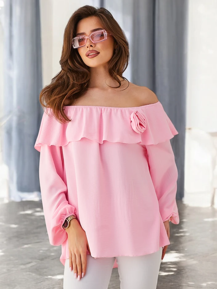 Royalfashion дамска блуза без рамене с ръбове и цветя