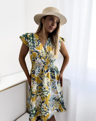 Горчица Дамска мини рокля с флорален принт - Облекло