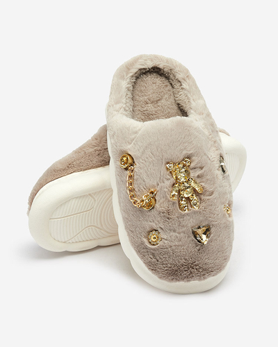 Royalfashion Сиви дамски чехли от естествена кожа с орнаменти Erserra