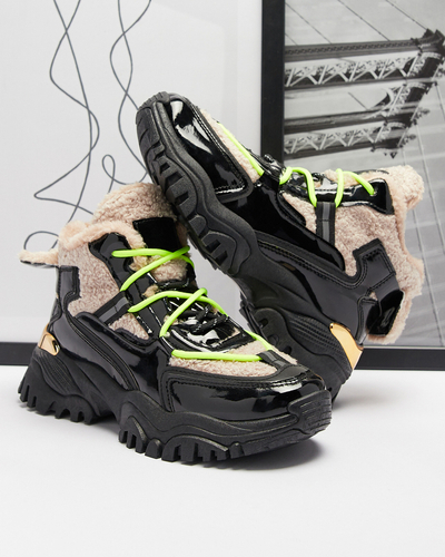 Черни дамски спортни обувки с кожа и неоново жълти връзки Adbo- Footwear