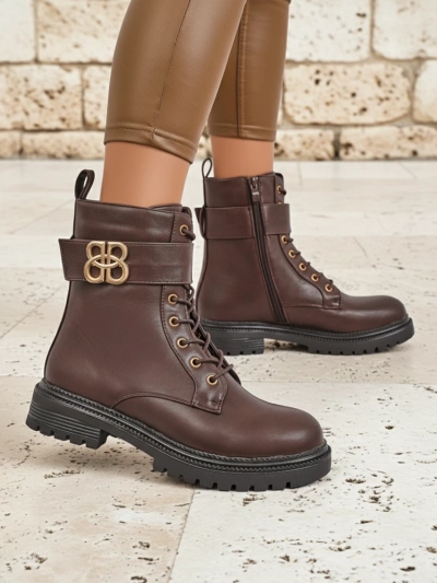 Кожени боти Castorina кафяви със цип, кръгъл нос, еко кожа