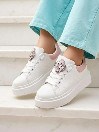Дамски сникърси Hypatia Bianco от екологична кожа с декорация и розов акцент