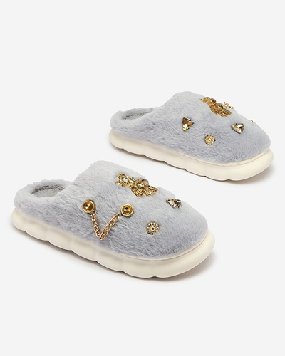 Royalfashion Сини дамски чехли от естествена кожа с орнаменти Erserra