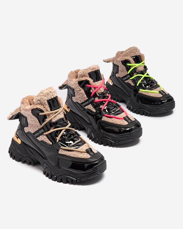 Черни дамски спортни обувки с кожа и неоново жълти връзки Adbo- Footwear