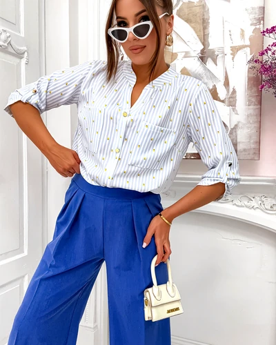 Риза на Royalfashion с райе и лимони за жени и V-образно деколте