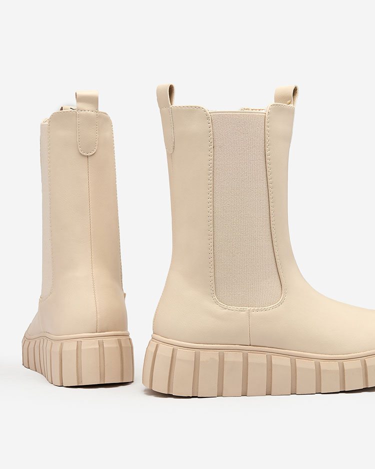 Royalfashion Дамски ботуши с висок плосък ток в екрю Elicane