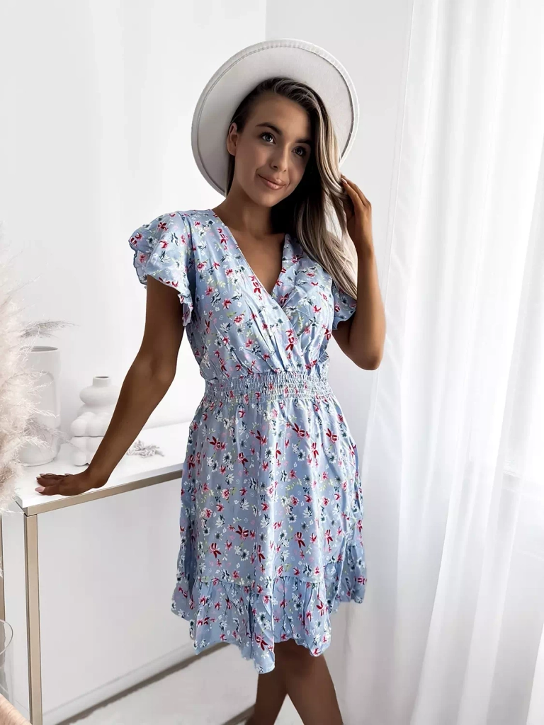 Royalfashion Синя дамска мини рокля с флорален мотив