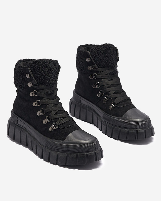 Дамски черни ботуши от екокожа с овча кожа Vetic - Обувки