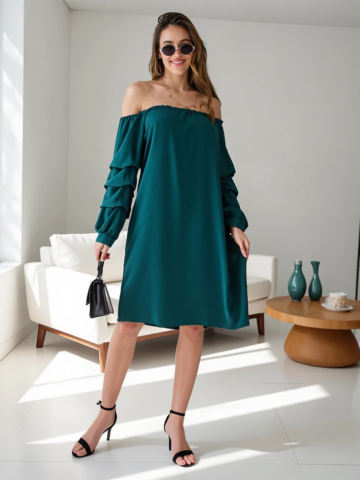 Royalfashion Гладка дамска рокля в испански стил с набори