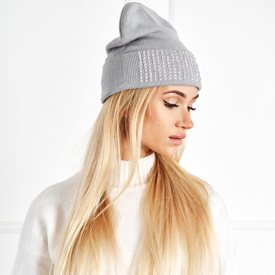 Szara damska czapka z perełkami - Akcesoria