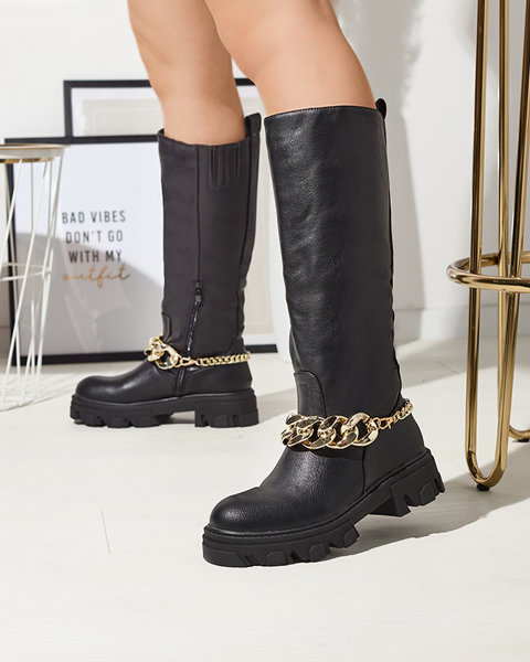 Damskie czarne kozaki z łańcuszkiem Sudzi- Obuwie