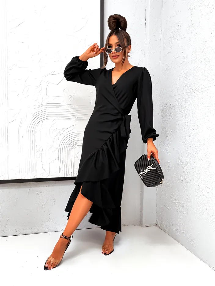 Royalfashion Завързана дамска миди рокля с волани