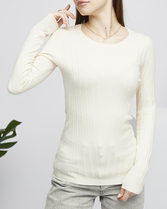 Дамски бежов пуловер с кръгла яка - Облекло